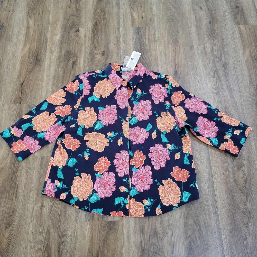 Chico's 16/18 XL Petite Womens No Iron Button Up Shirt Effortless Woven Floral